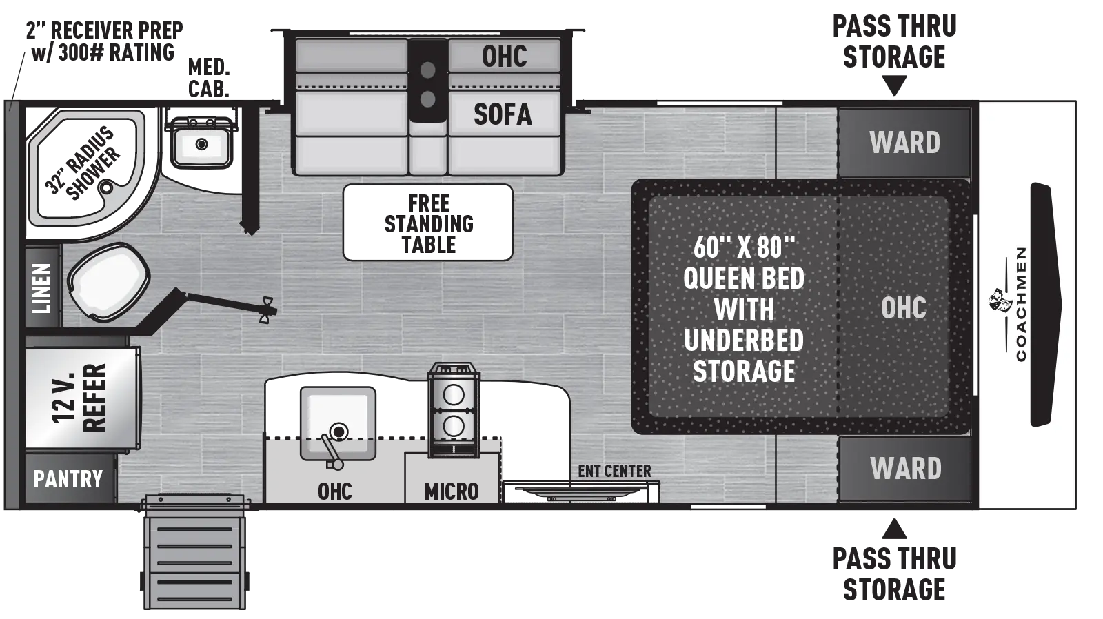 The Freedom Express Select 19SE floorplan has one entry and one slide out. Exterior features include: fiberglass exterior and 14' awning. Interiors features include: front bedroom.